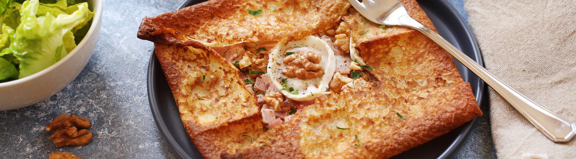 Crêpes jambon, chèvre et noix