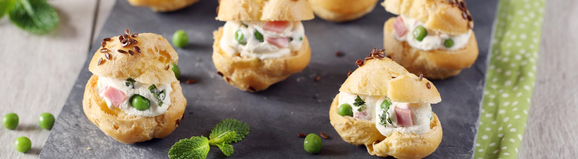 Petits choux menthe, petits pois, jambon et Fromage Fouetté Madame Loïk Nature au Sel de Guérande