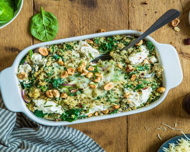 Gratin de quinoa épinard et noisettes au Fromage Fouetté Madame Loïk Ail et Fines Herbes